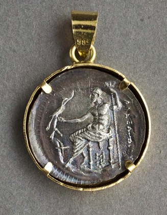 Alexander the Great Greek Silver Coin Pendant in 14 Carat Gold Bezel - Drachm, Amphipolis, 336-323 BC